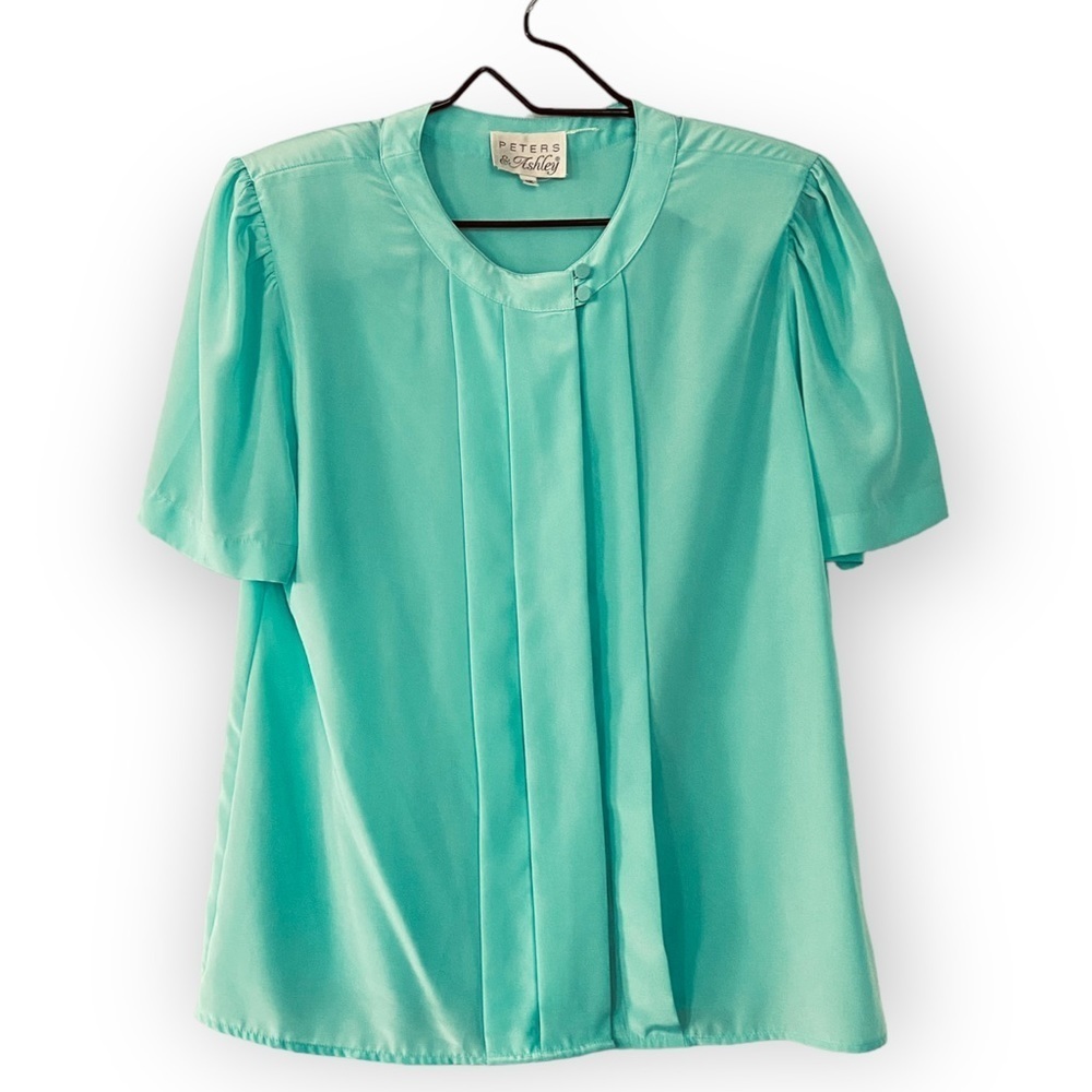 Peters & Ashley Aqua Blue Vintage Blouse Size 12 Short Sleeves Shoulder Pads - Picture 1 of 11
